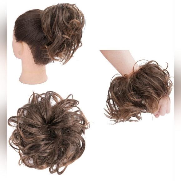 Golden Brown Messy Wavy Hair Bun Scrunchy - Picture 2 of 4